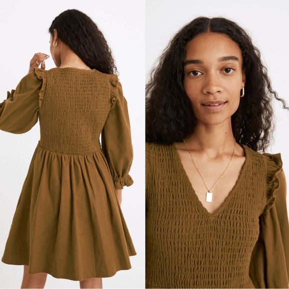 Madewell • Flannel Lucie V-Neck Smocked Mini Dress green ruffle puff sleeve - Picture 11 of 11
